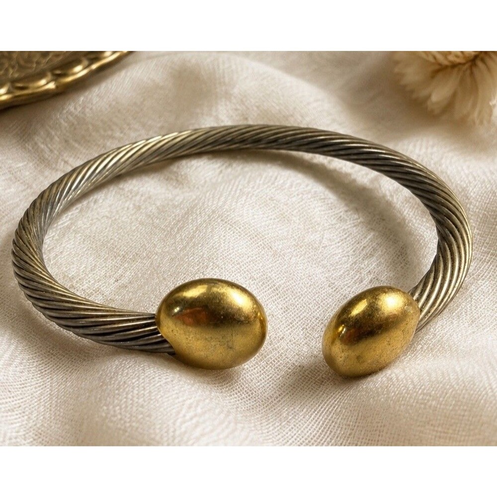 Vintage Magnetic Cable Cuff Bracelet Silver Gold Tone Mixed Metal Statement